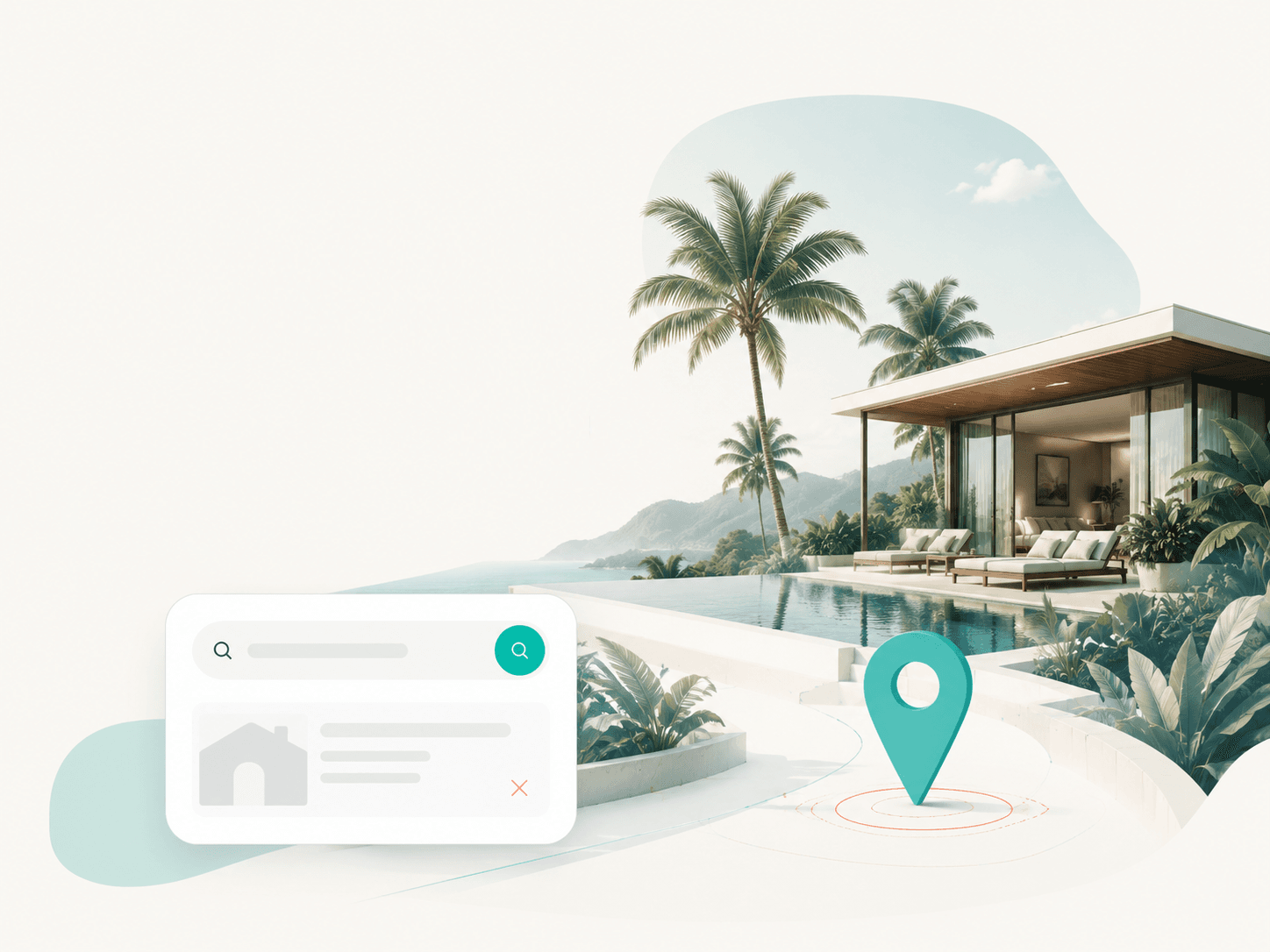 Villa search scene with a location pin
